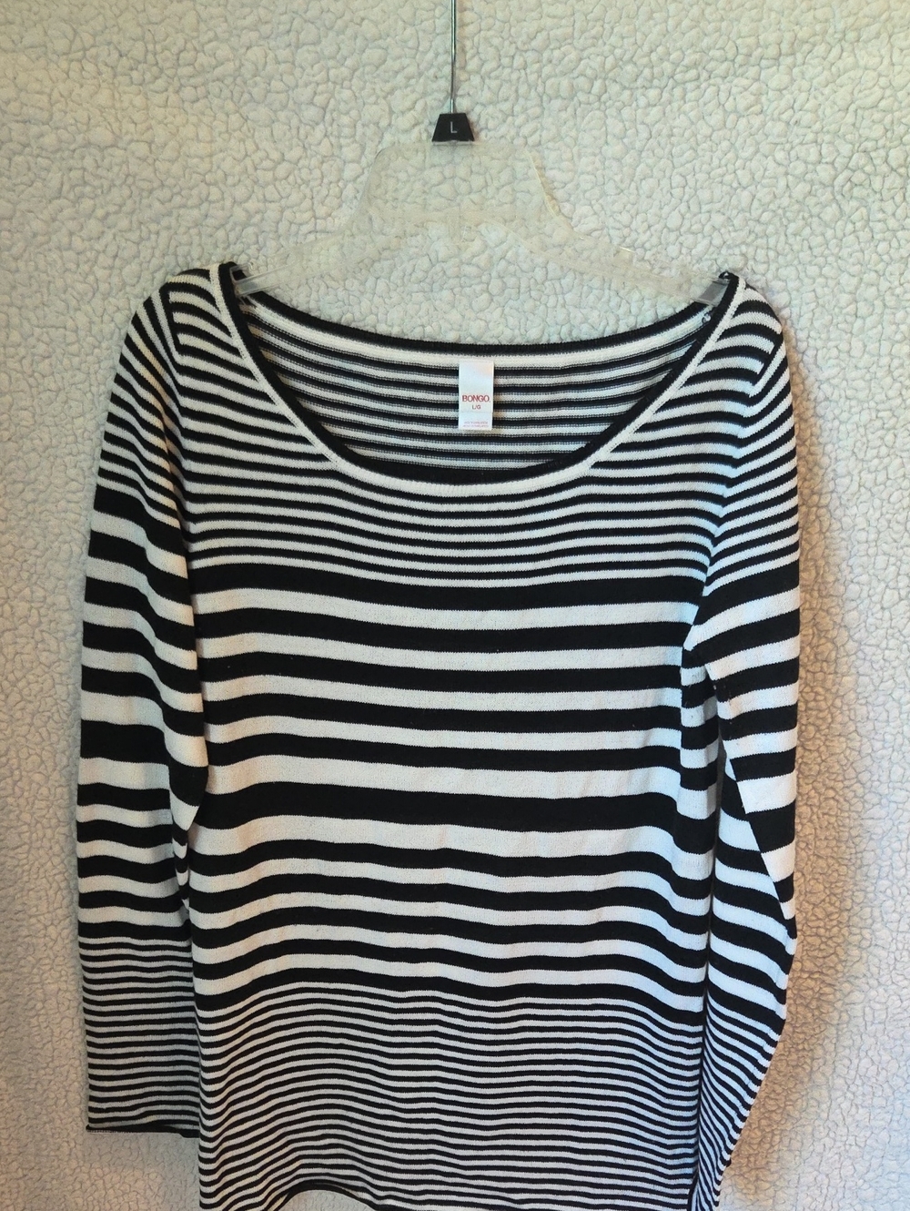 BONGO Black and White Striped Scoop Neck Sweater